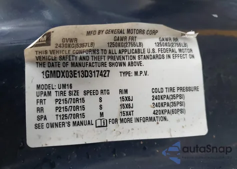 2003 Pontiac Montana M16 W/1Sa Pkg. from USA, damaged, VIN 1GMDX03E13D317427